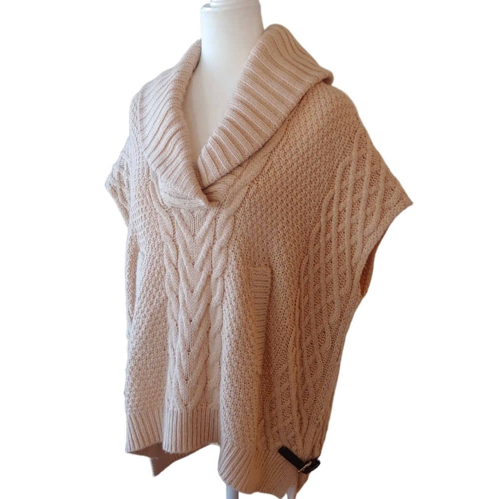 Saks Fifth Ave Wool Blend Cream Cable Knit Cowl Sweater with Side Belts Small